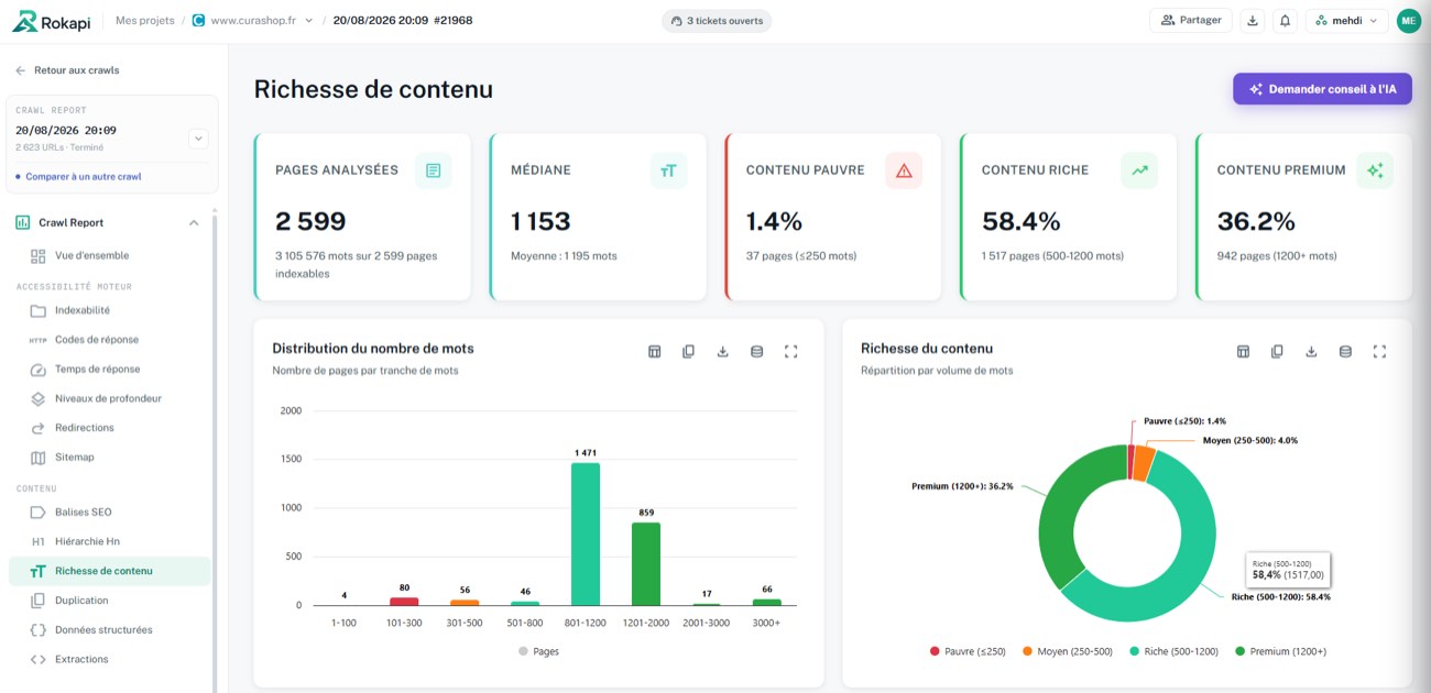 Rapport de richesse de contenu dans Rokapi : indicateurs, distribution du nombre de mots, répartition par volume